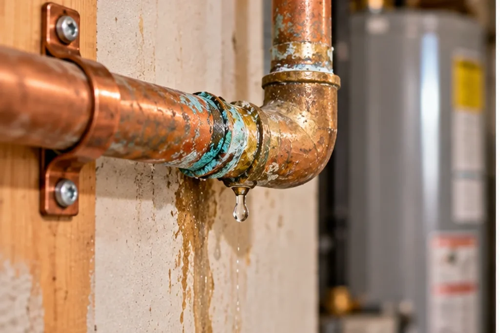 Corroded copper water-supply fitting with a small active leak.