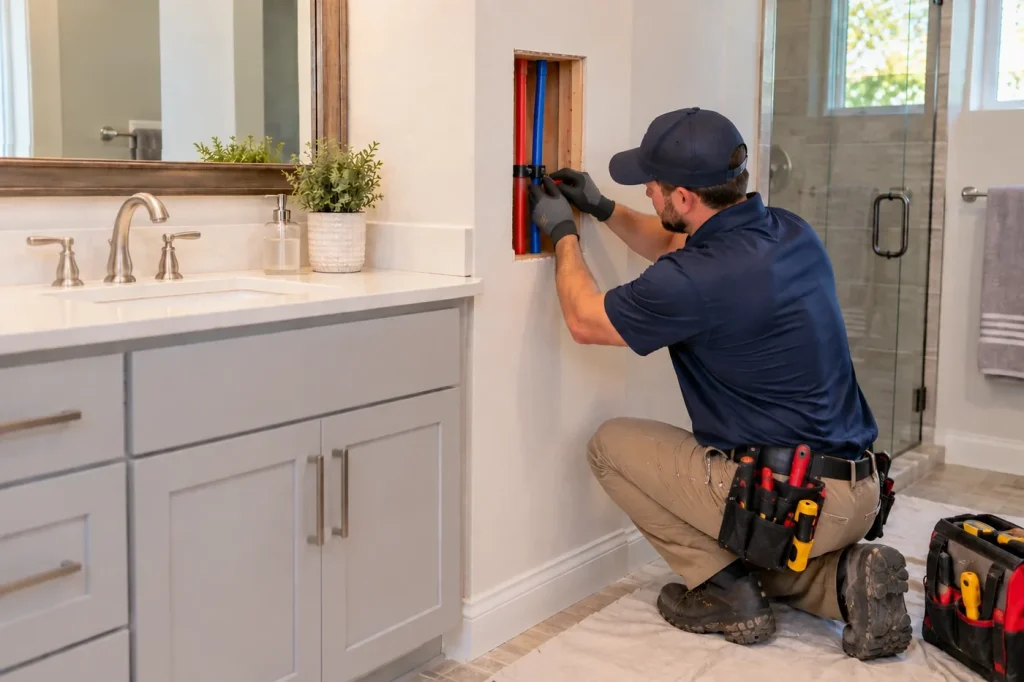 Plumber securing new supply lines through a small bathroom wall access opening.