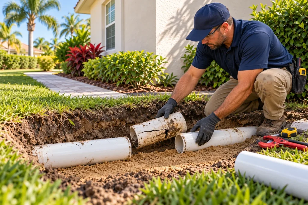 Plumber removing a damaged section of residential PVC sewer pipe during a targeted repair.