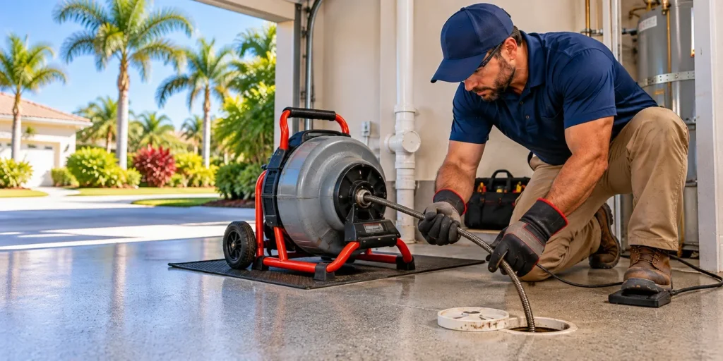 Plumber using a professional drain-cleaning cable machine at a residential drain access.