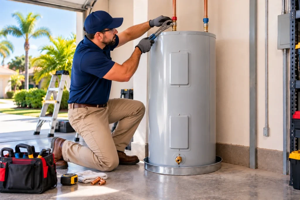 Plumber working on a top water connection during an electric water-heater installation.