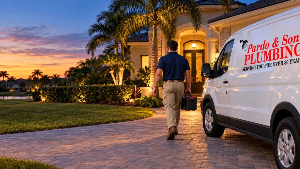 Technician carrying tools beside a Pardo & Son branded service van outside a home at dusk.