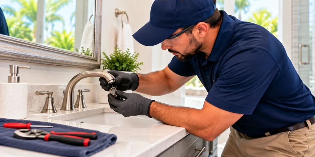 Plumber servicing a bathroom faucet aerator during a residential plumbing visit.