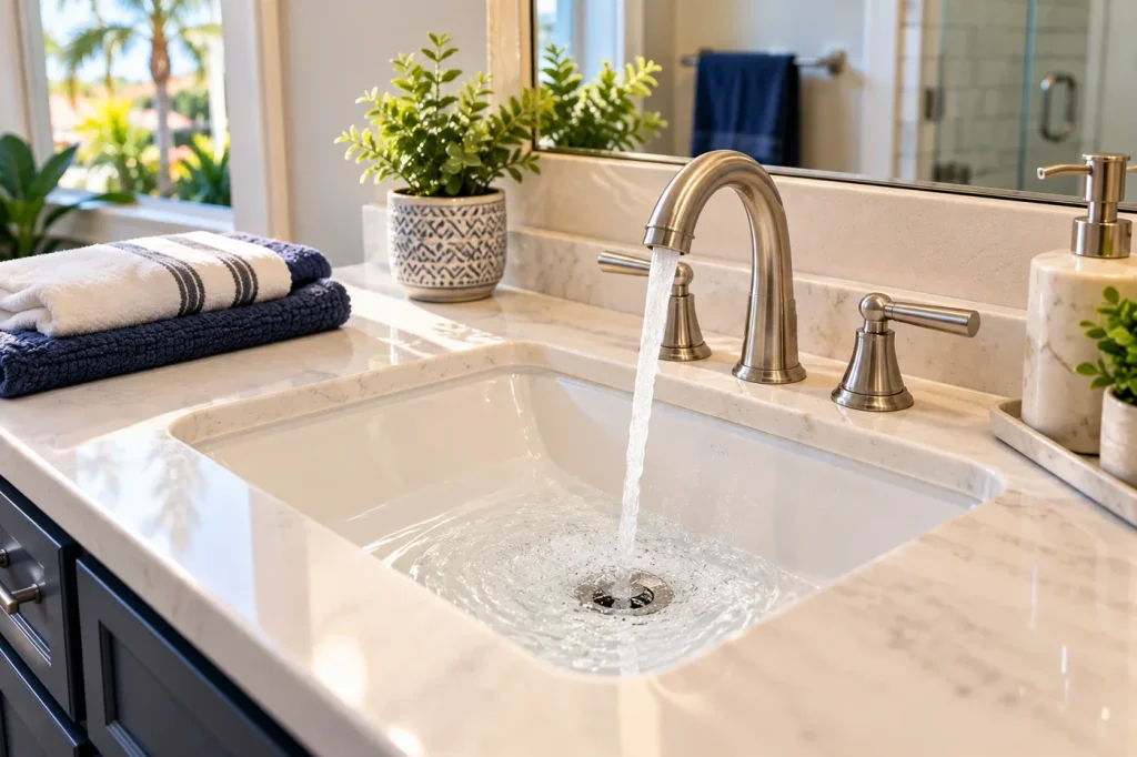 Illustration of a clean bathroom sink draining normally.