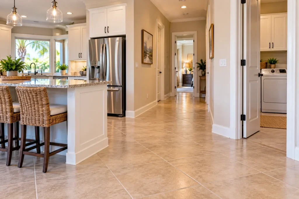 Finished Central Florida home after slab-leak repair, with tile flooring fully restored.