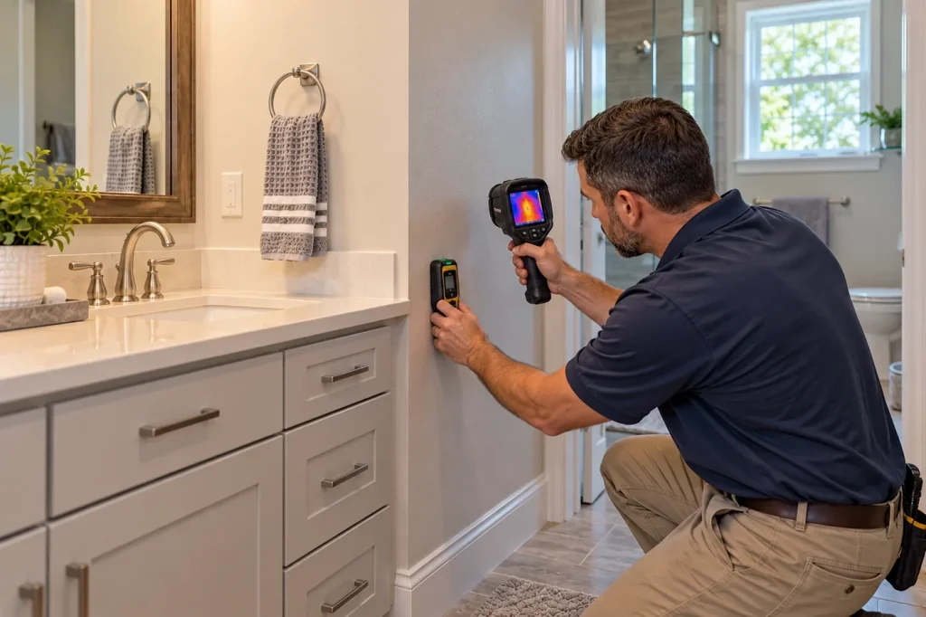 Technician using thermal imaging and a moisture meter to investigate a hidden water leak.