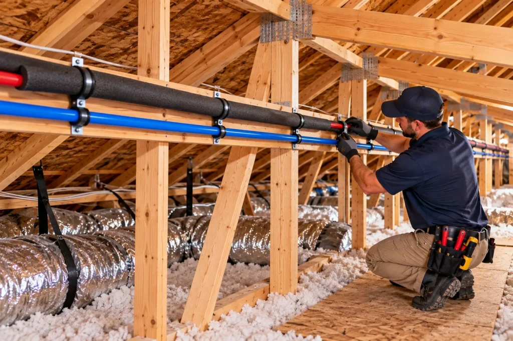 New hot- and cold-water lines routed through a residential attic during a repipe.