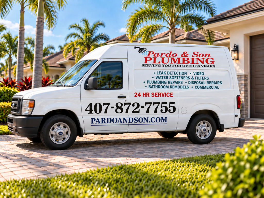 Pardo & Son Plumbing service van at a Central Florida residence.