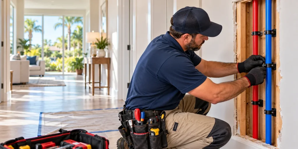 Plumber securing separate hot- and cold-water supply lines during a whole-home repipe.