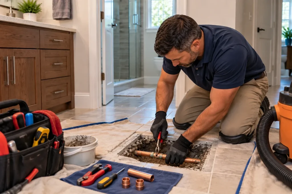 Plumber repairing a precisely located under-slab water-supply line through a small floor opening.