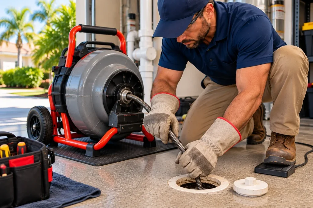 Plumber guiding a professional drain-cleaning cable into a residential floor drain.
