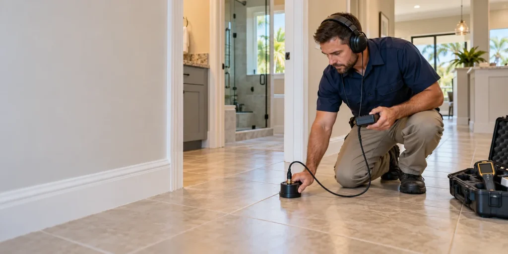 Plumber using acoustic leak-detection equipment on a tiled floor in a Central Florida home.