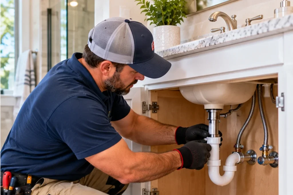 Plumber repairing a bathroom sink drain and supply connections inside a vanity.