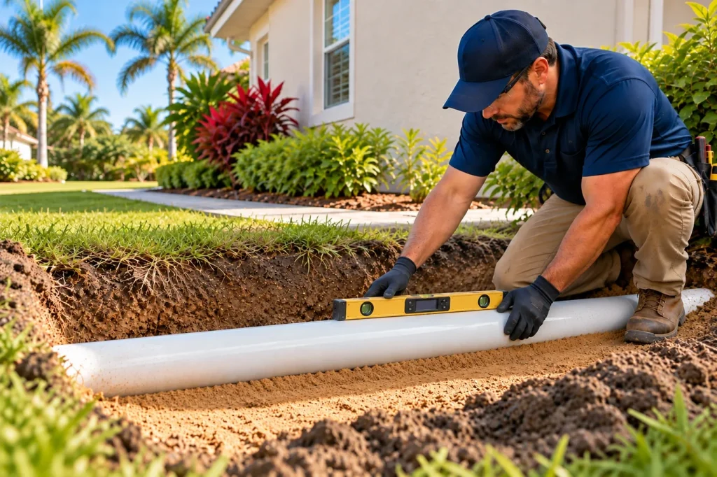 Plumber checking the grade and alignment of a repaired PVC sewer line before backfill.