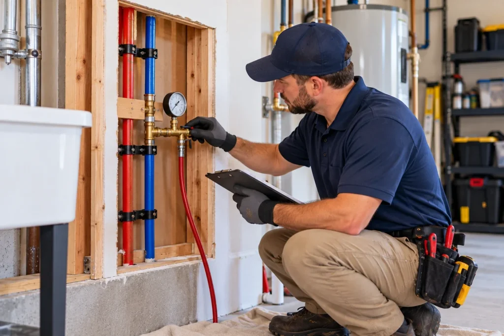 Plumber checking a pressure gauge during testing of a newly installed water-supply system.