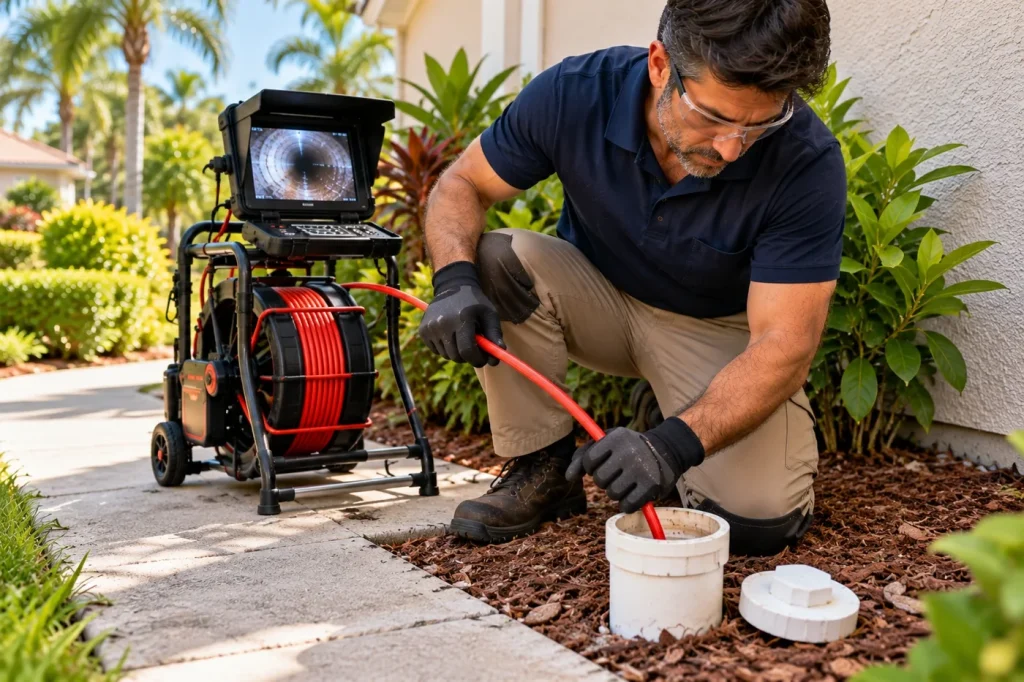 Plumber feeding a sewer camera cable through an exterior PVC cleanout at a Central Florida home.