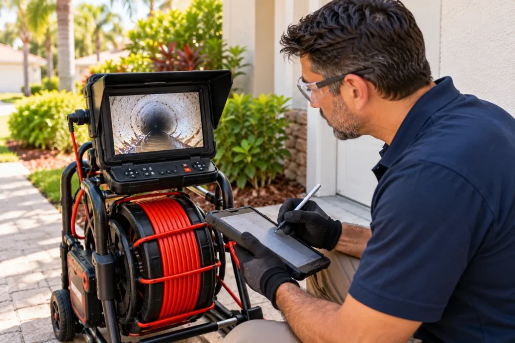 Plumber reviewing sewer camera footage and documenting inspection findings on a tablet.