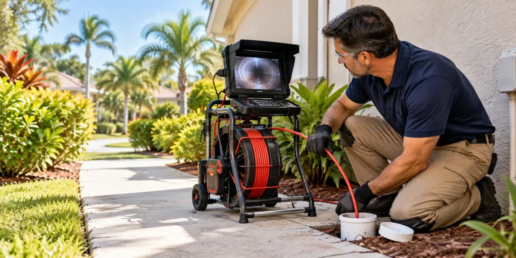Plumber performing a sewer camera inspection through an exterior residential cleanout.