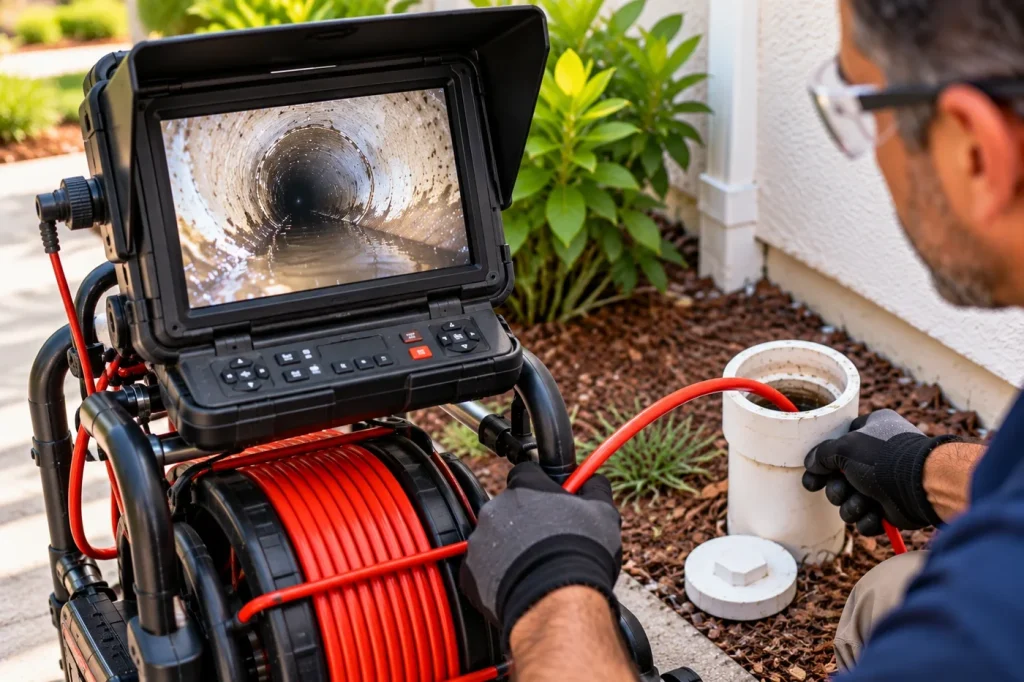 Sewer inspection monitor showing the interior of a residential drain line during a camera inspection.