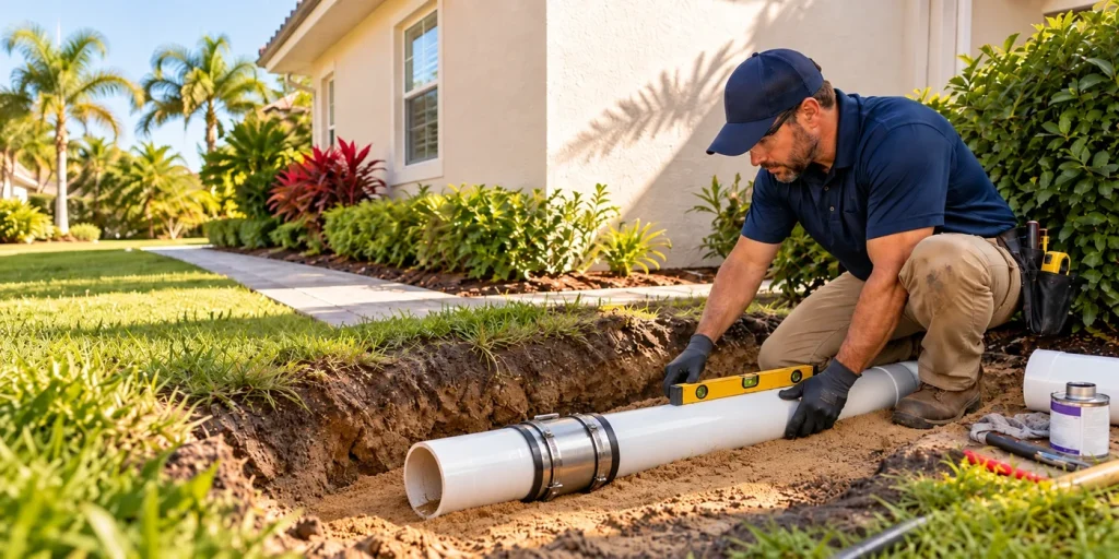 Plumber checking alignment of a residential sewer line repair in a Central Florida yard.