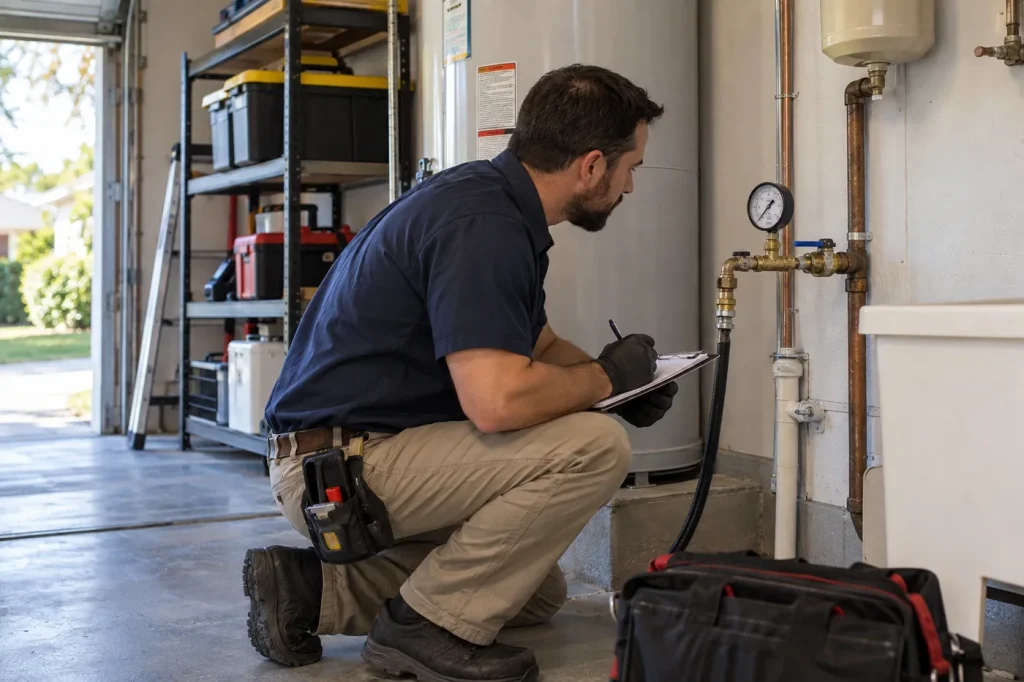 Plumber monitoring a water-pressure gauge while testing a residential supply system for a hidden leak.