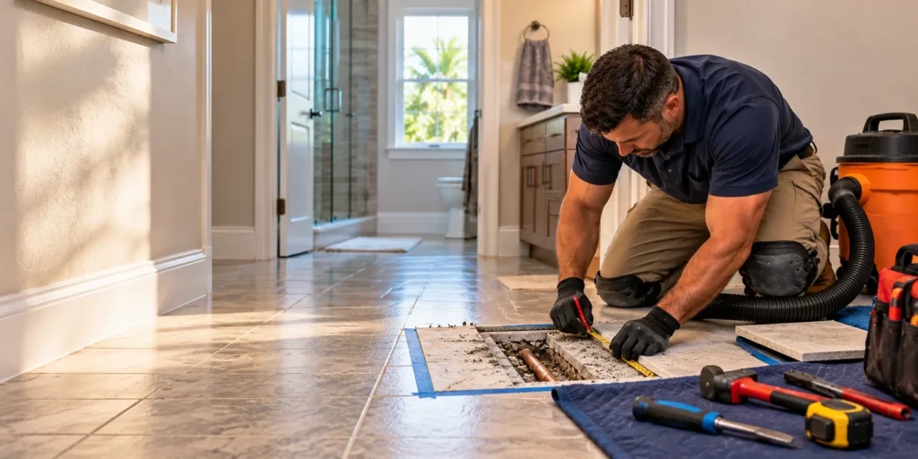 Plumber preparing a small targeted floor opening for a precisely located slab-leak repair.