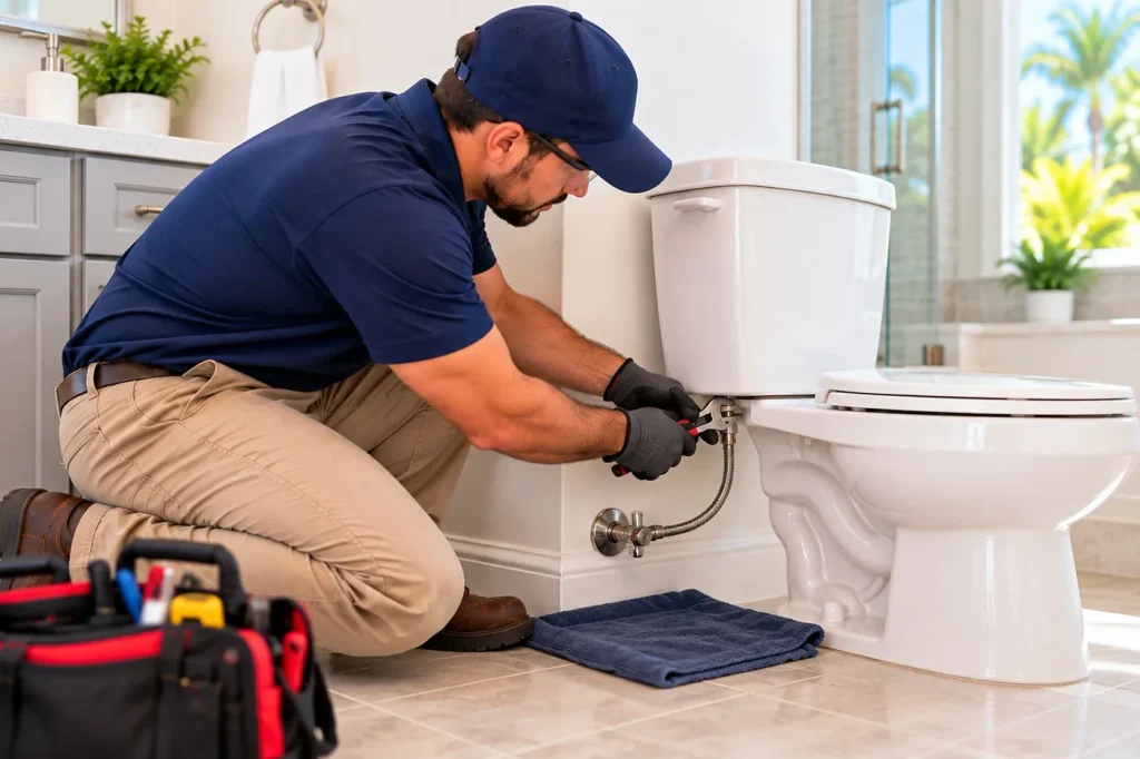 Plumber servicing the braided water-supply connection on a residential toilet.