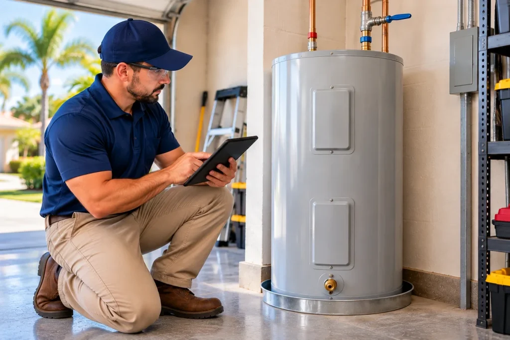 Plumber documenting a residential electric water heater and its visible connections.