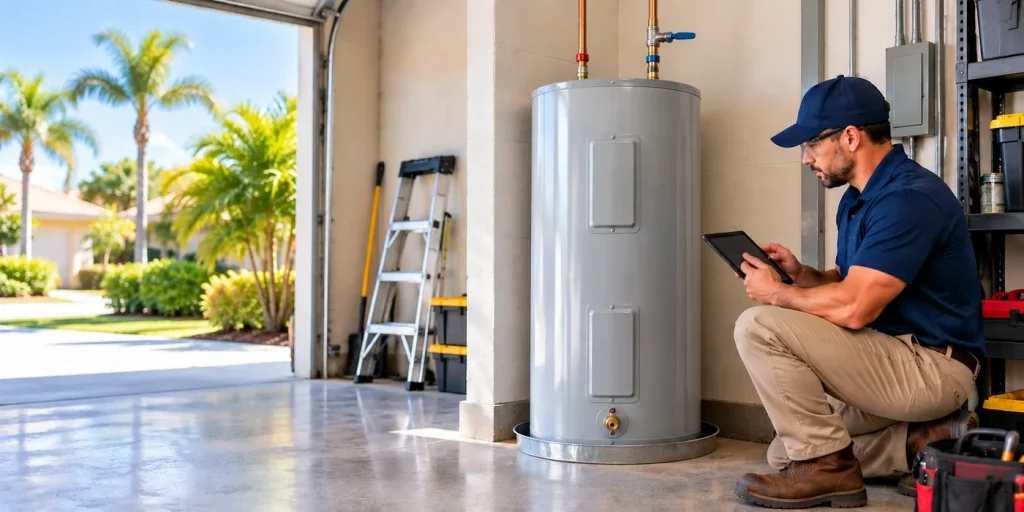 Plumber inspecting a residential electric water heater in a garage.