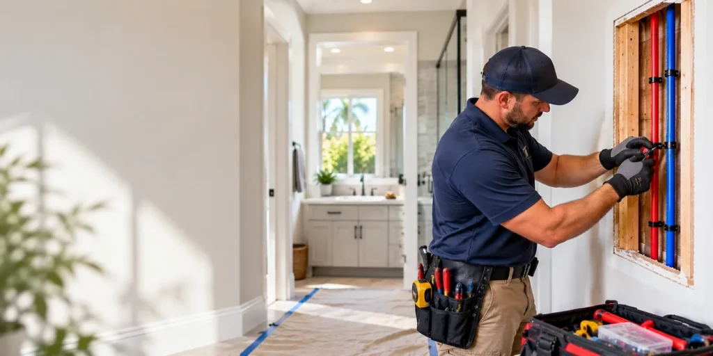 Plumber securing new water-supply lines during a whole-home repipe.